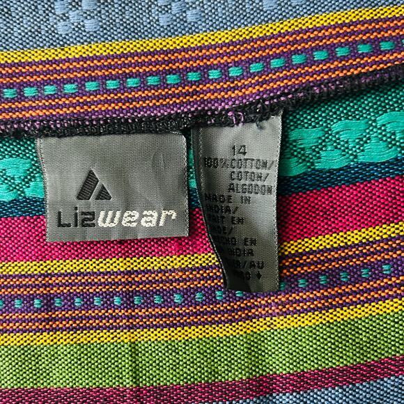 90s Vintage Boho Mini Skirt Aztec Striped Fringe Pleated Cotton Colorful Large - Picture 3 of 9